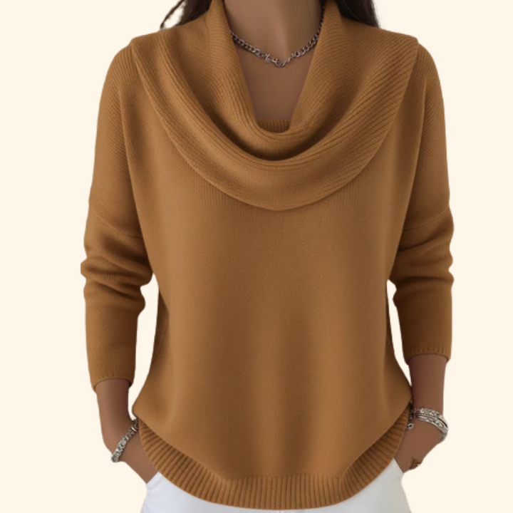Cozy women's cowl neck jumper. Warm long-sleeve sweater, ideal for casual or office winter fashion. Comfortable fit.