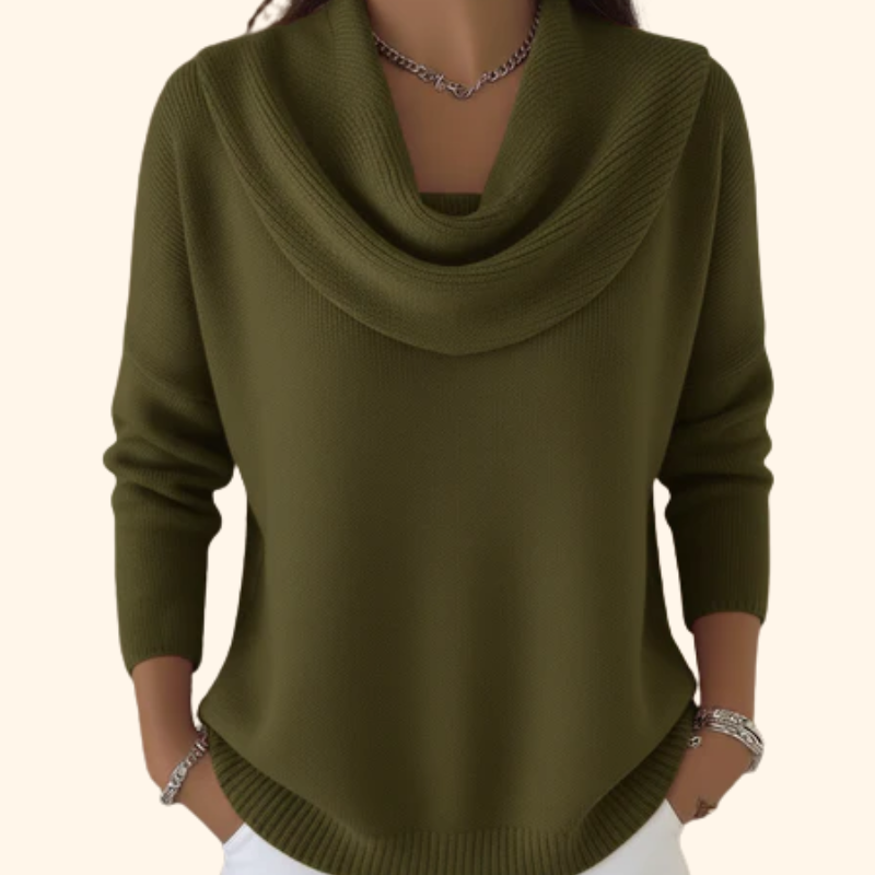 Stylish women's cowl neck sweater with a modern hi-lo hem. Versatile long-sleeve top for elegant casual or office wear.