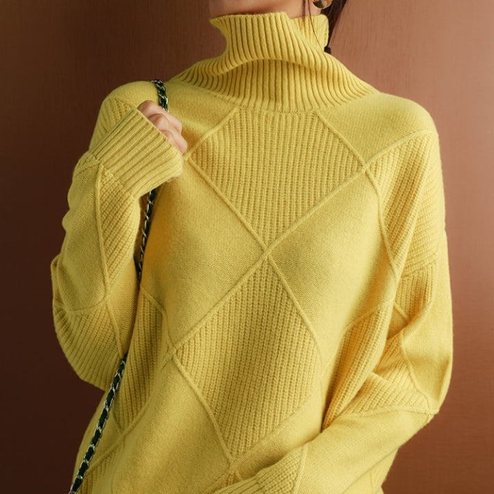 Elegant women's cozy turtleneck sweater, perfect for warm winter fashion & fall style. Comfortable everyday pullover.