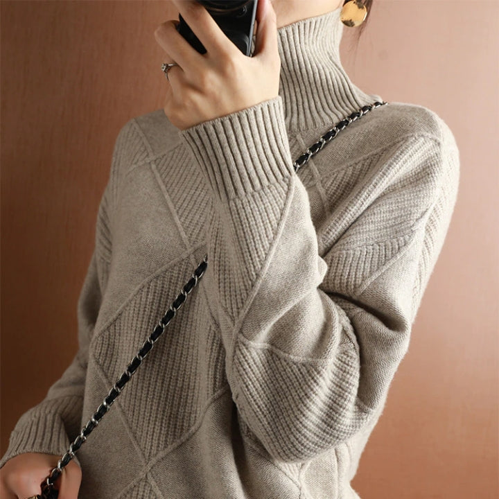 Stylish women's cozy turtleneck pullover, perfect for warm fall fashion & elegant winter style. Comfortable everyday.