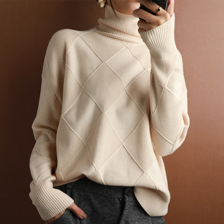 Chic women's warm turtleneck sweater, perfect for cozy fall style & elegant winter fashion. Comfortable everyday pullover.
