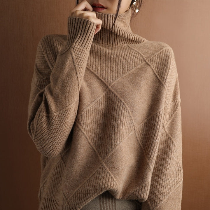 Cozy women's elegant turtleneck pullover, warm & stylish for fall fashion & winter comfort. Everyday chic sweater.