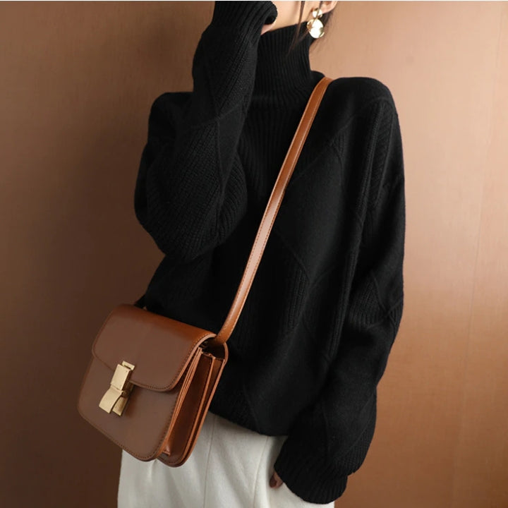 Fashionable women's pullover turtleneck sweater, warm & cozy for stylish fall & winter everyday wear. Comfortable.