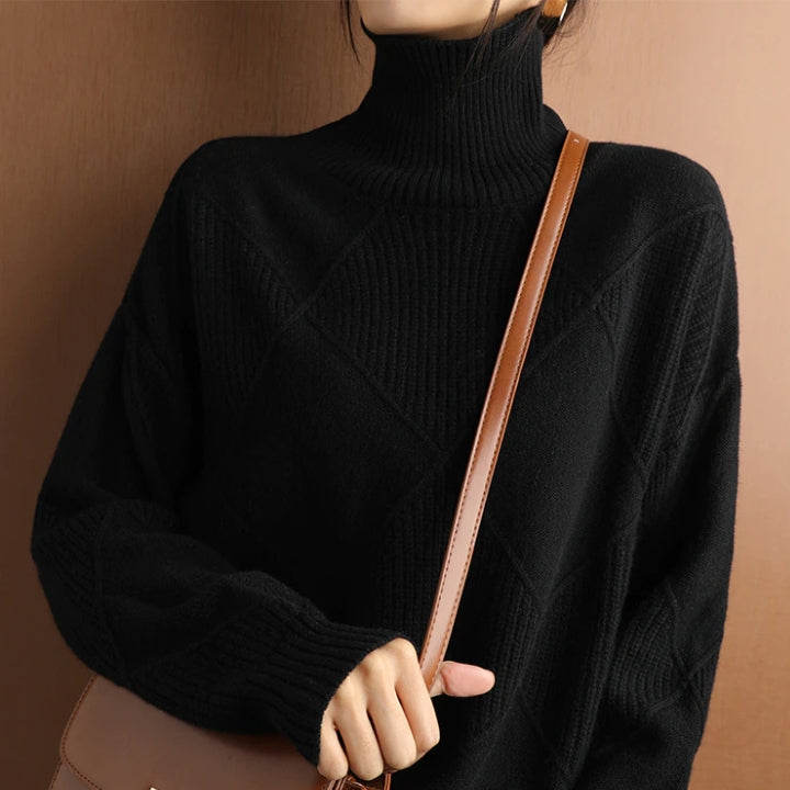 Chic women's elegant turtleneck sweater, a warm & cozy pullover for casual fall style & winter fashion comfort.
