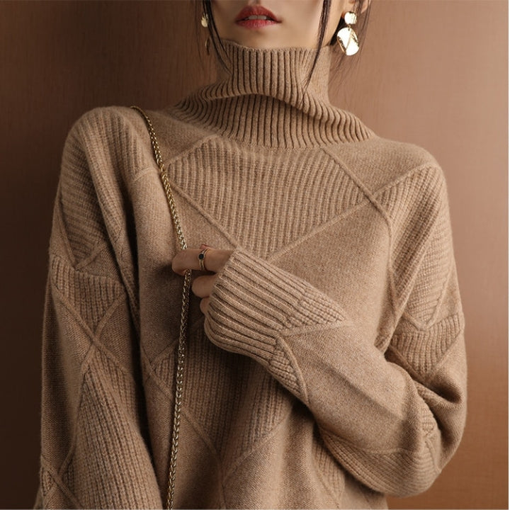 Cozy women's turtleneck pullover sweater, offering warmth & comfort for elegant fall style & winter fashion. Stylish.