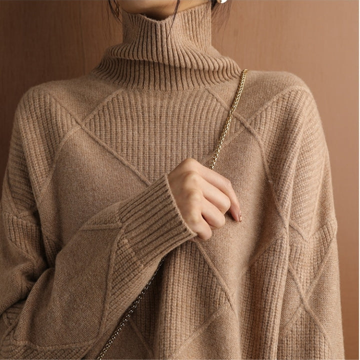 Elegant women's warm turtleneck sweater, ideal for cozy winter fashion & stylish fall wear. Comfortable everyday chic.