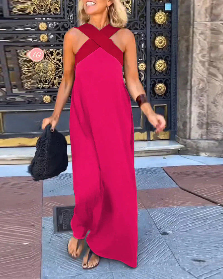 Women's cross neck maxi dress, designed for a flowy and elegant look. Ideal casual or evening long dress.