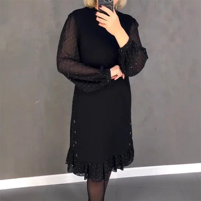 Elegant women's crystal dress with round neckline, perfect for sophisticated evening events & formal parties.