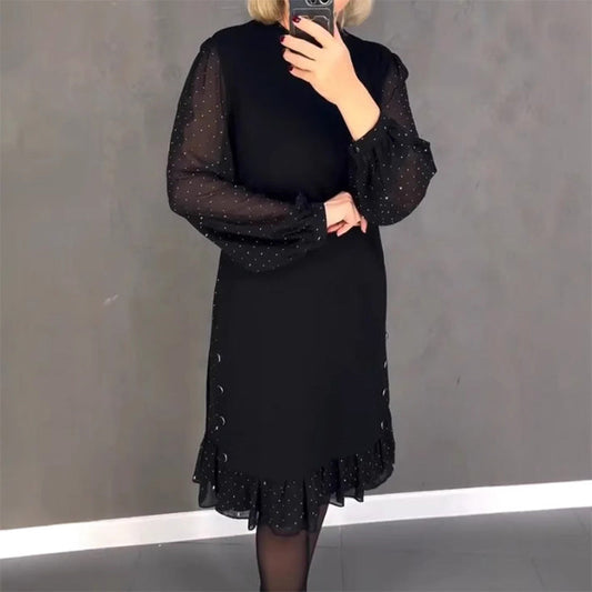 Elegant women's crystal dress with round neckline, perfect for sophisticated evening events & formal parties.