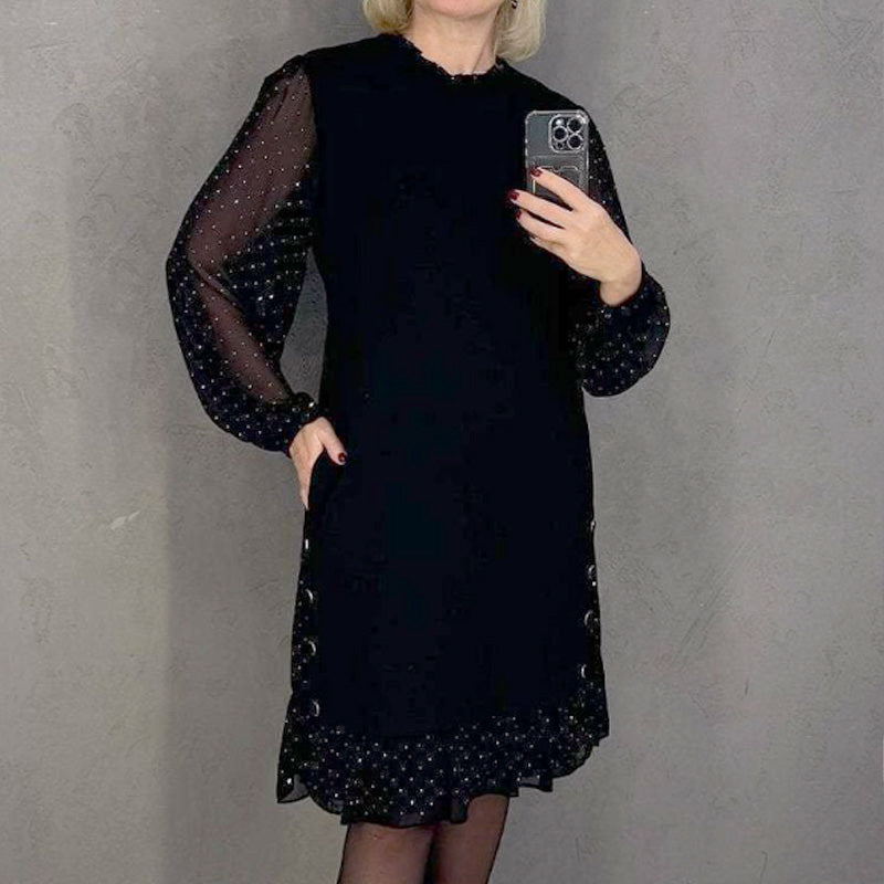 Formal women's crystal dress with an elegant round neckline, perfect for festive events & evening glamour.