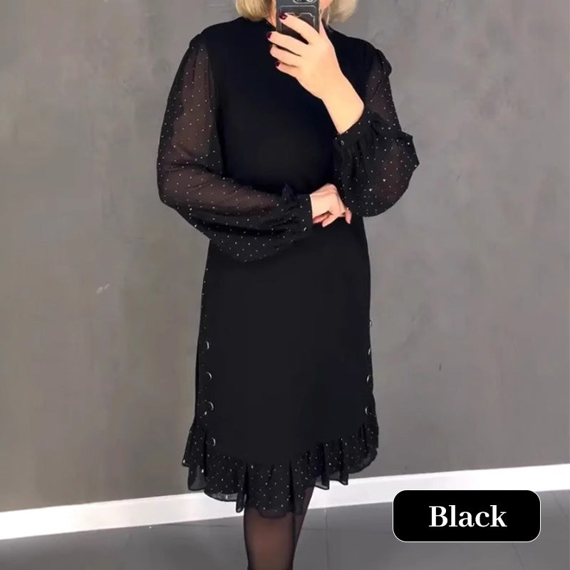 Sparkling women's elegant dress with a round neckline & crystals, ideal for sophisticated festive wear.