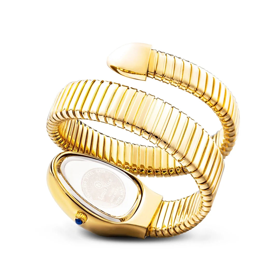 Gold-tone elegant women's watch, crystal-adorned stainless steel timepiece, ideal for luxury fashion.