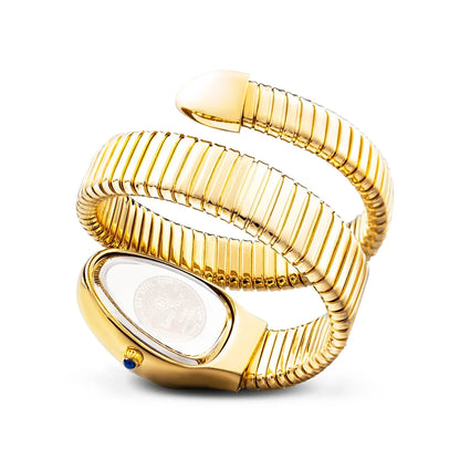 Gold-tone elegant women's watch, crystal-adorned stainless steel timepiece, ideal for luxury fashion.
