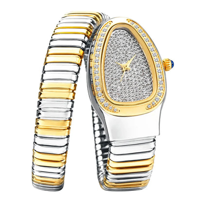 Gold stainless steel women's bracelet watch, elegantly designed with sparkling crystals, luxury gift.