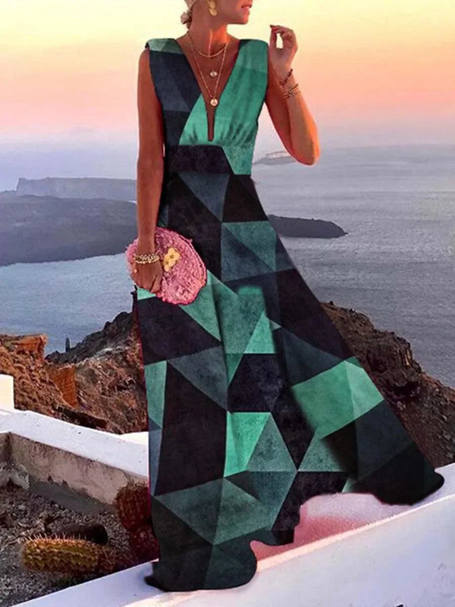 Stunning red deep V-neck flowy sleeveless maxi dress, an elegant choice for vacation wear or a special party.