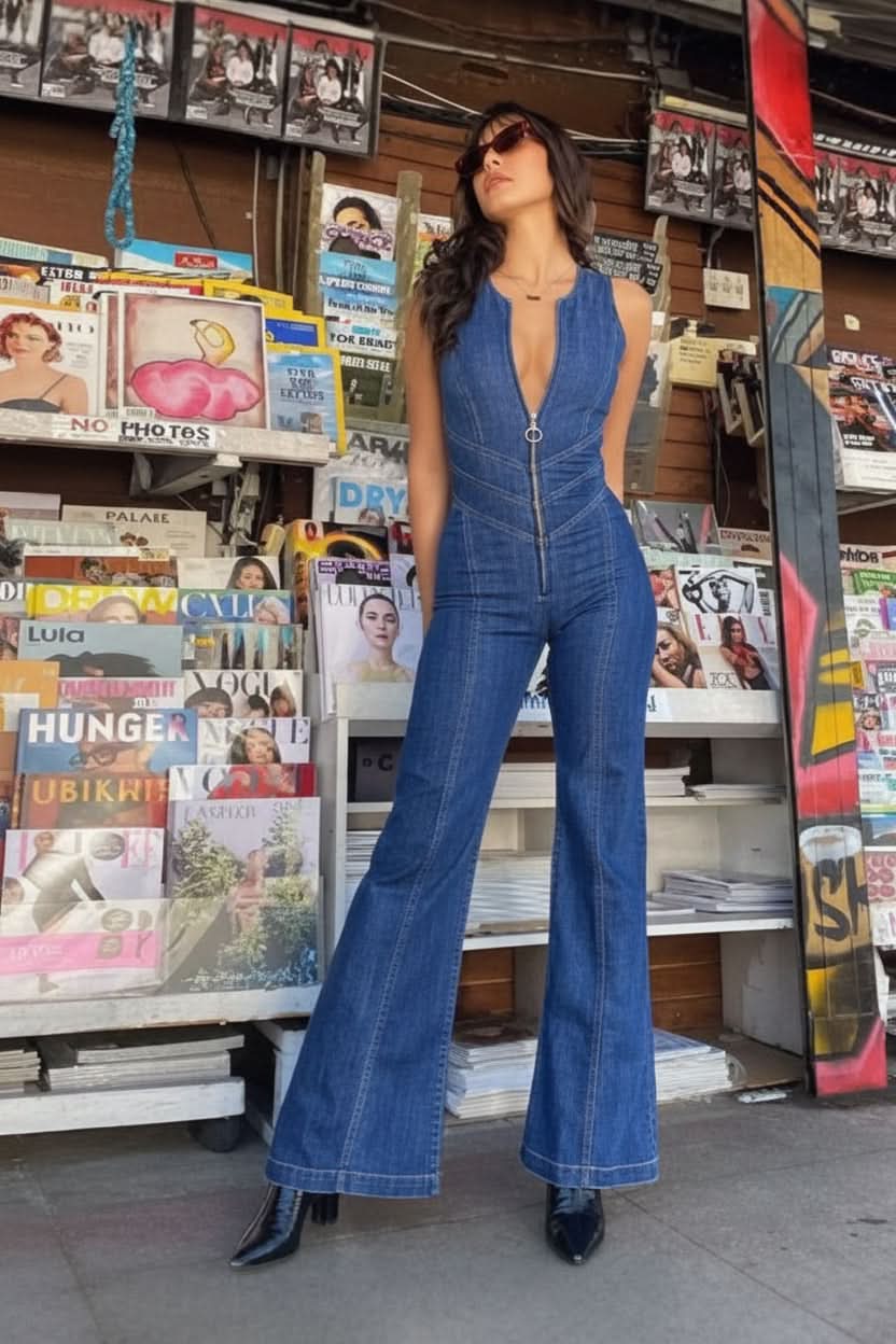 Elegant women's deep V-neck jumpsuit with flared legs. Perfect for evening wear & chic modern style.
