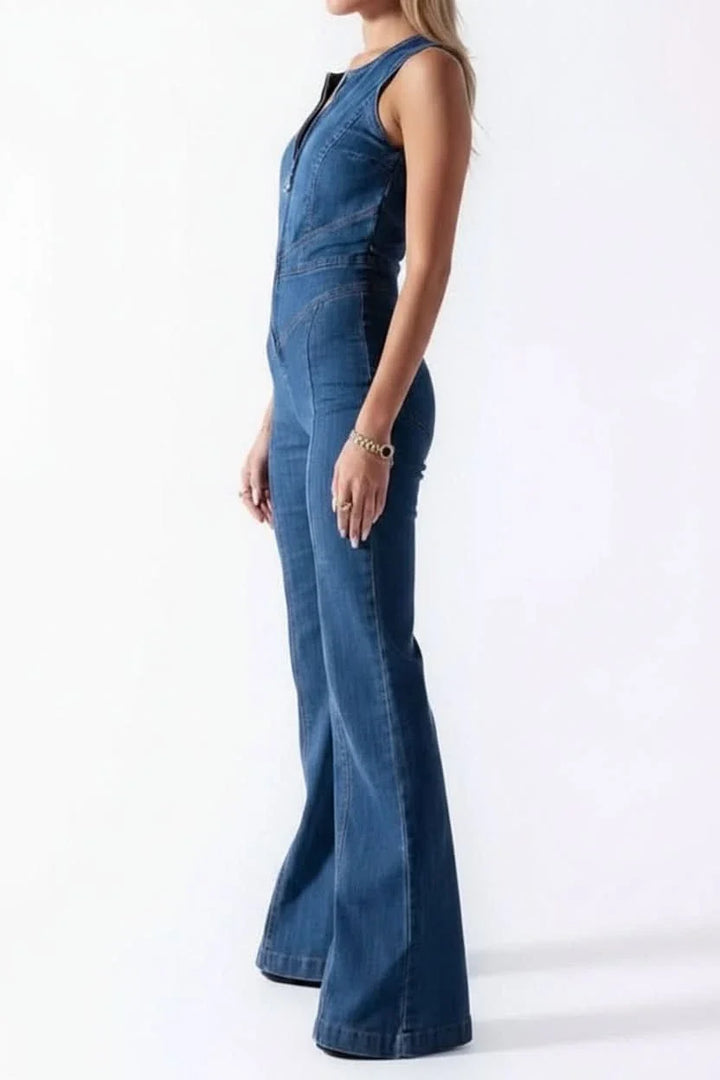 Chic women's tailored deep V-neck jumpsuit. Effortless style for versatile fashion & evening elegance.