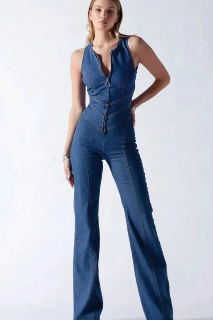Stylish women's jumpsuit featuring a deep V-neck and flattering flared leg. Modern & elegant evening wear.