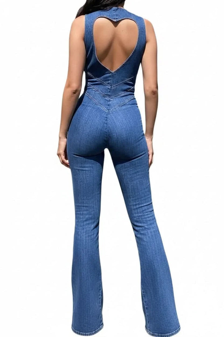 Modern women's deep V-neck jumpsuit with a sleek, tailored fit. Versatile fashion for day or night.