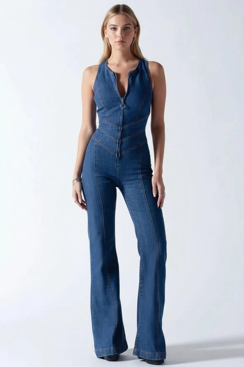 Women's elegant deep V-neck jumpsuit with a tailored fit and flared leg, perfect for chic evening wear.