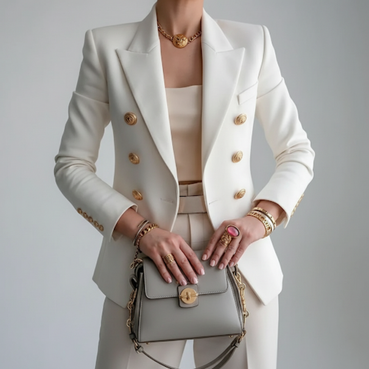 Elegant women's double-breasted blazer with gleaming gold buttons, tailored fit, and notch lapel for professional office wear.