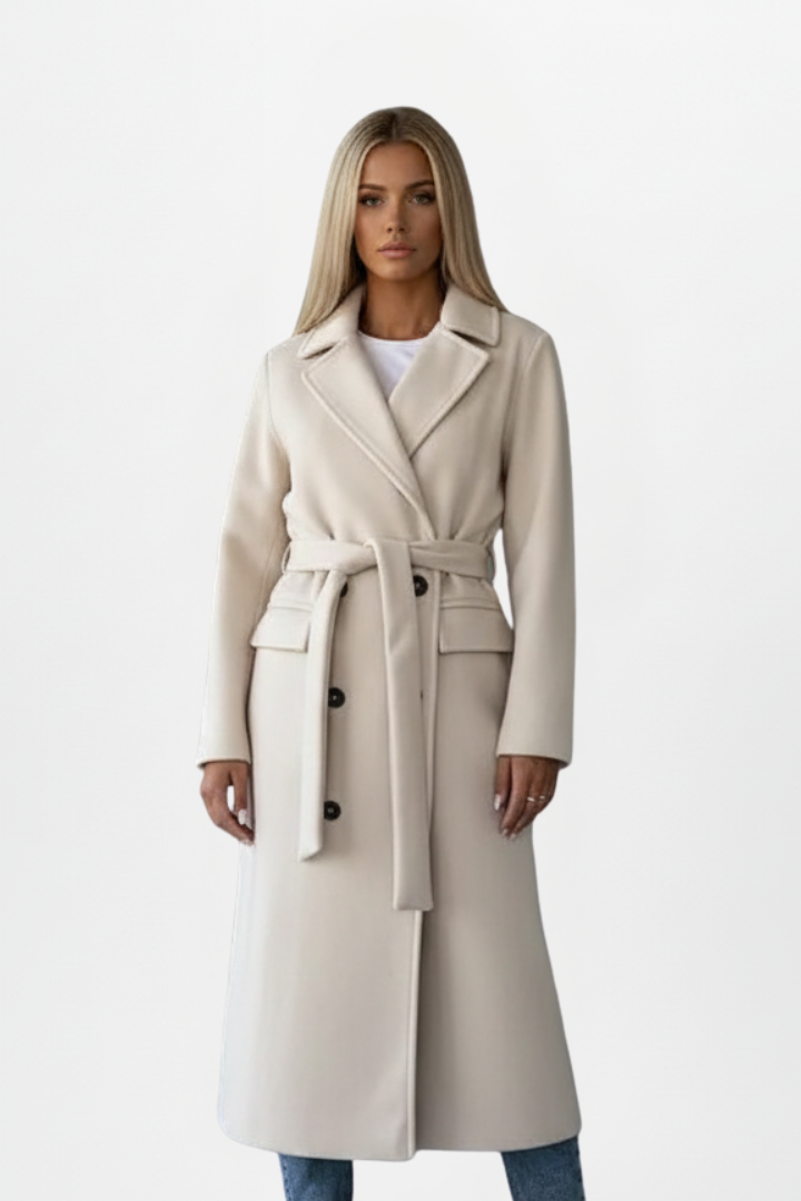 Elegant women's double-breasted long coat with a classic notch collar, perfect for professional wear.