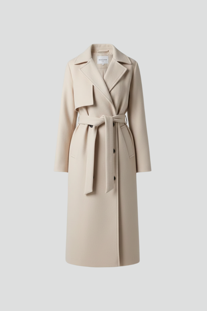 Stylish women's belted long coat, double-breasted design, creating a flattering silhouette for fall/winter.