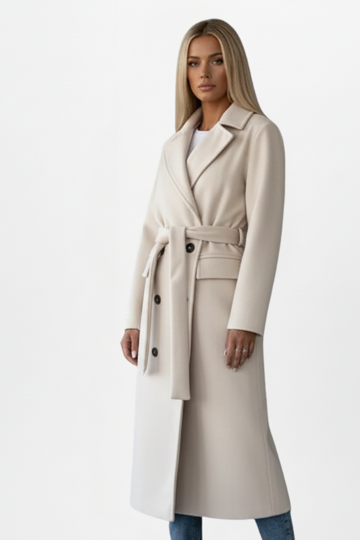 Professional women's double-breasted long coat with belt, ideal elegant workwear for the office and cold seasons.