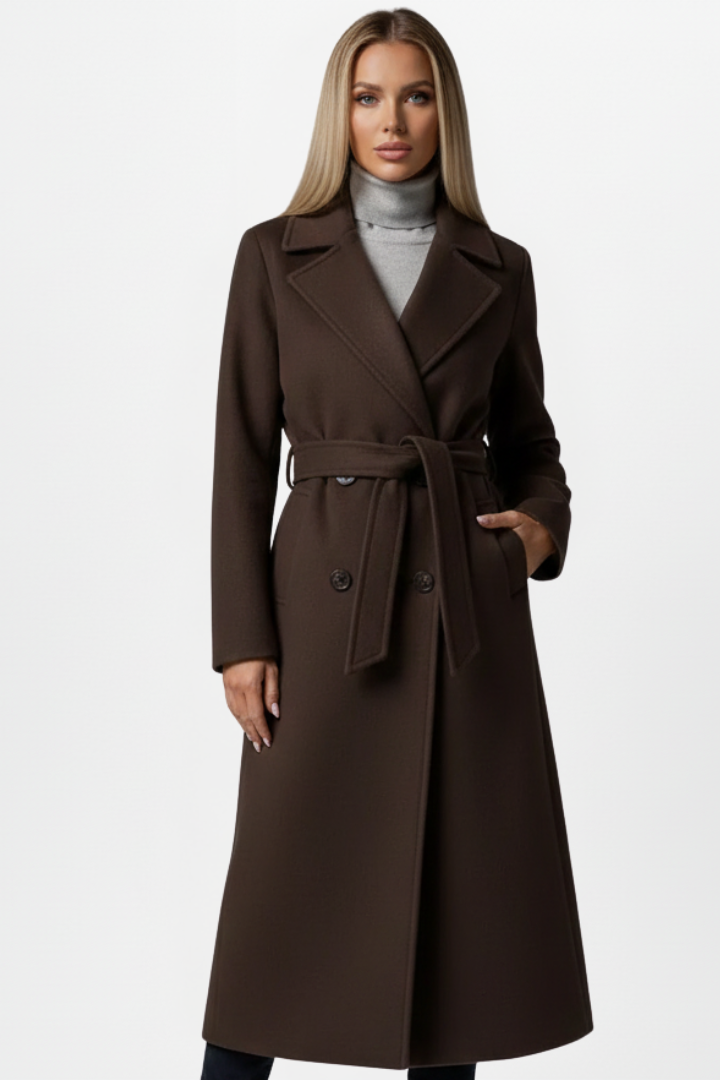 Versatile women's long double-breasted coat, belted, perfect elegant outerwear for professional & stylish occasions.