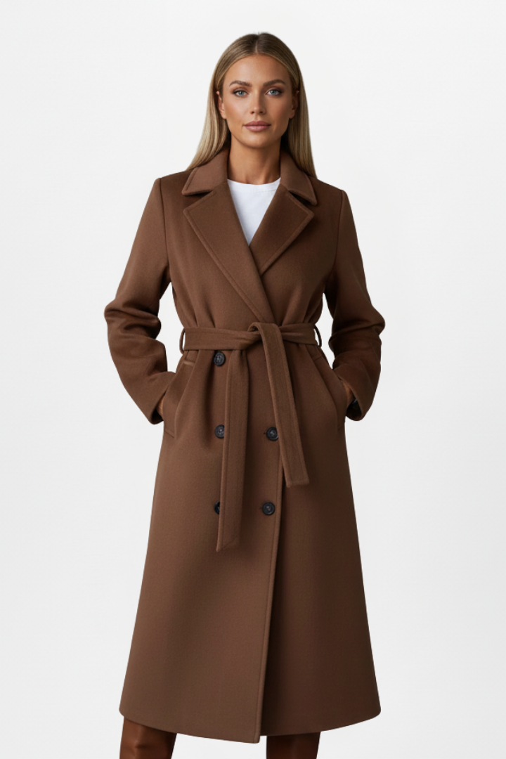 Warm women's double-breasted long winter coat with a chic belt, combining elegance and cold-weather style.