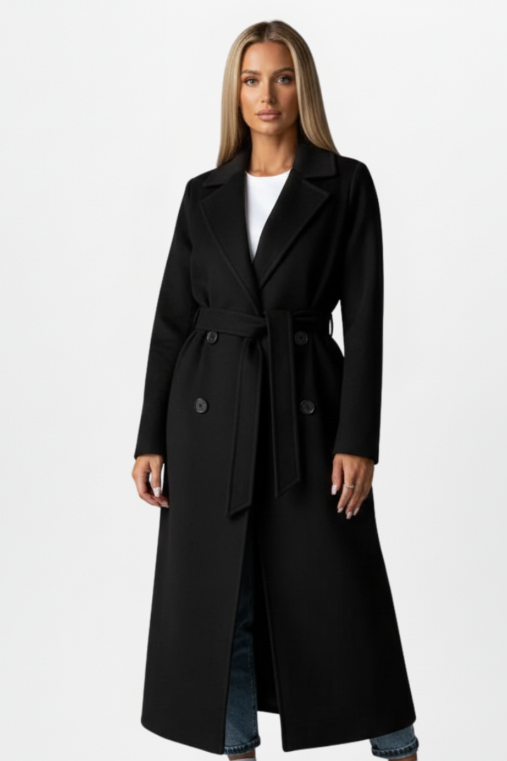 Women's long double-breasted belted elegant coat, perfect for professional fall & winter fashion outerwear.