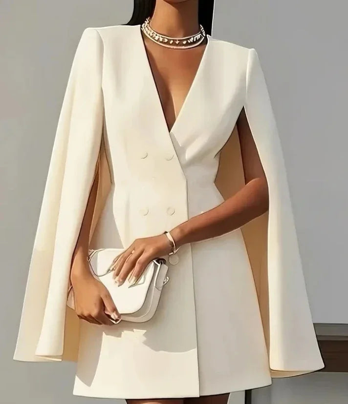 Elegant women's double-breasted mini dress with stylish cape sleeves, perfect for cocktail parties and evening wear.