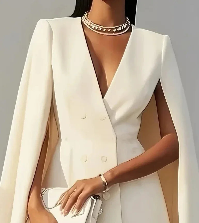 Chic women's V-neck mini dress featuring a double-breasted front and elegant cape sleeves, a stunning party dress.