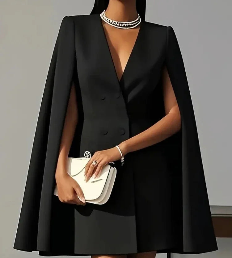 Versatile women's mini dress: double-breasted, cape sleeves, perfect as a cocktail, party, or evening dress.