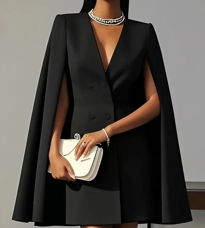 Versatile women's mini dress: double-breasted, cape sleeves, perfect as a cocktail, party, or evening dress.