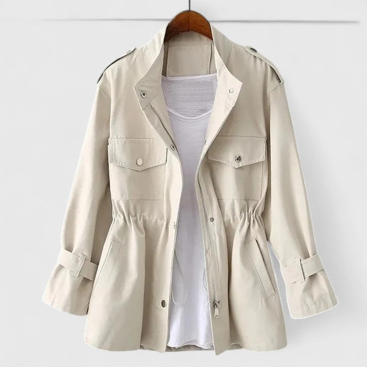 Chic woman wearing a sophisticated double-breasted overcoat, perfect for elegant winter fashion & versatile outerwear.