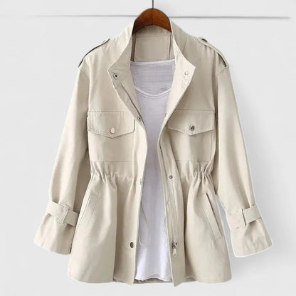 Chic woman wearing a sophisticated double-breasted overcoat, perfect for elegant winter fashion & versatile outerwear.