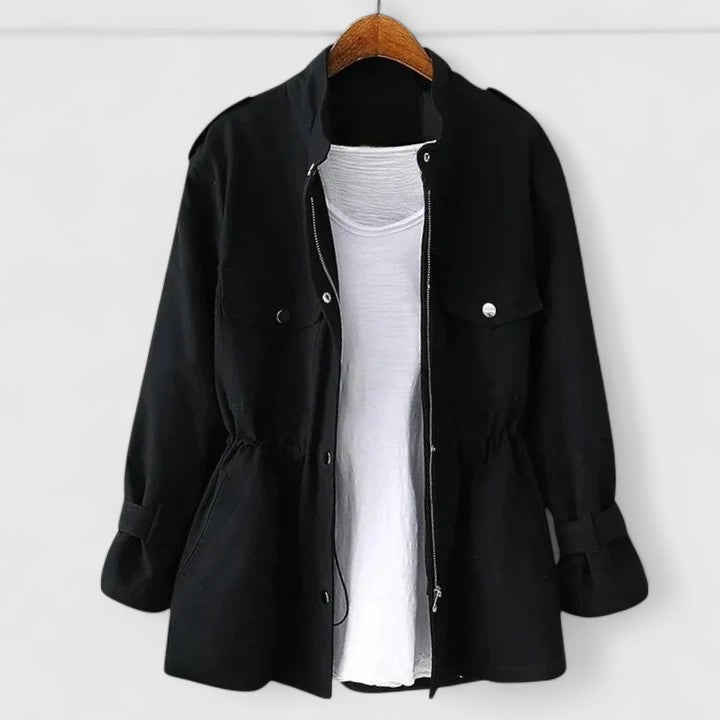 Classic women's double-breasted long overcoat, elegant winter outerwear offering versatile sophisticated style.