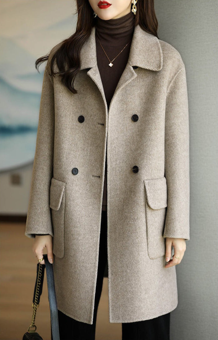 Chic women's elegant double-breasted structured coat, a timeless classic fashion outerwear for sophisticated style.