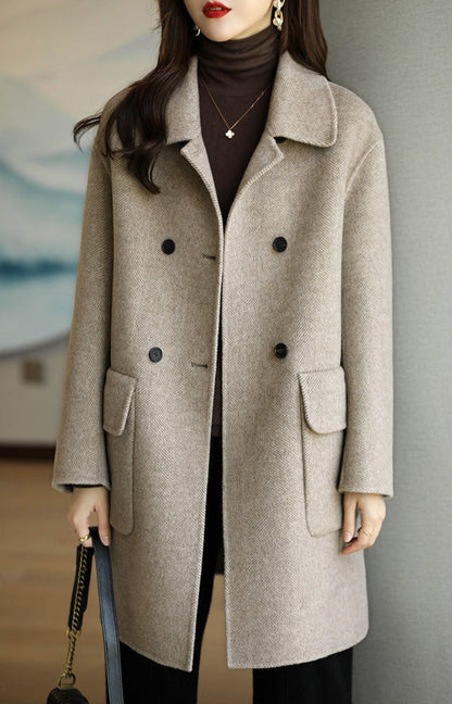 Chic women's elegant double-breasted structured coat, a timeless classic fashion outerwear for sophisticated style.