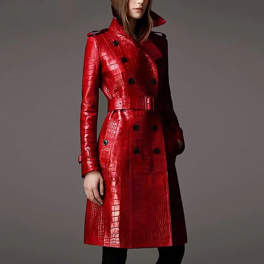Elegant women's double-breasted trench coat, a classic long jacket perfect for fall and winter fashion. Stylish outerwear.