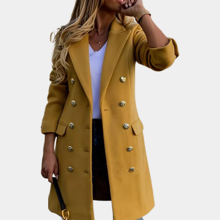 Elegant women's double-breasted trench coat with a cinched waist. Perfect for professional workwear and fall fashion.