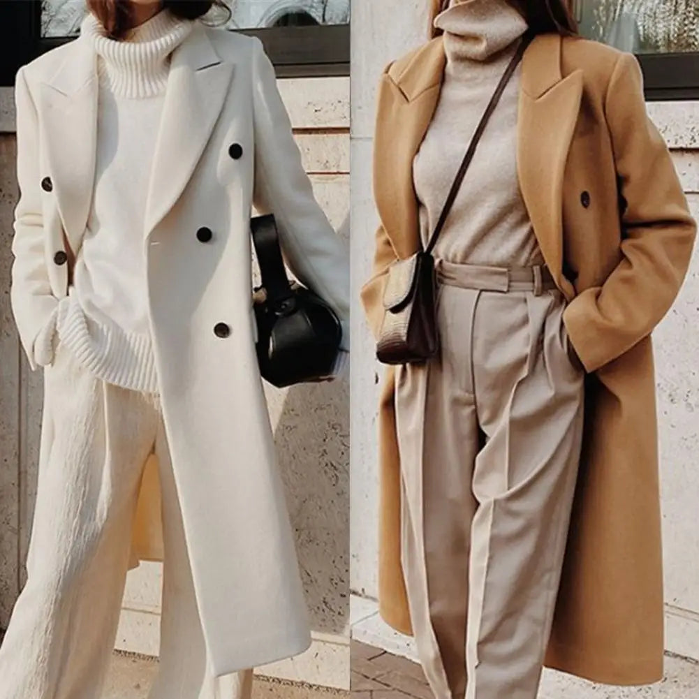 Elegant women's double-breasted trench coat with notch collar, perfect for professional workwear and chic fall fashion.