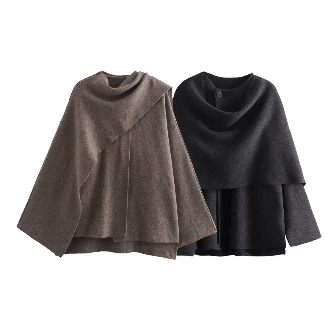 Effortless women's drape cape coat, flowing style for elegant fall & winter fashion. Chic, versatile outerwear piece.