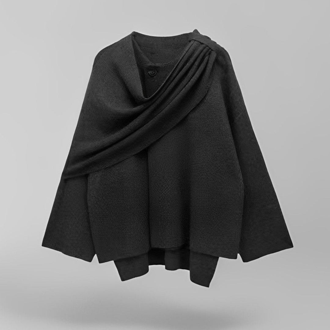 Luxurious women's flowing drape cape coat. Elegant asymmetrical outerwear, a versatile layering piece for chic fall & winter.