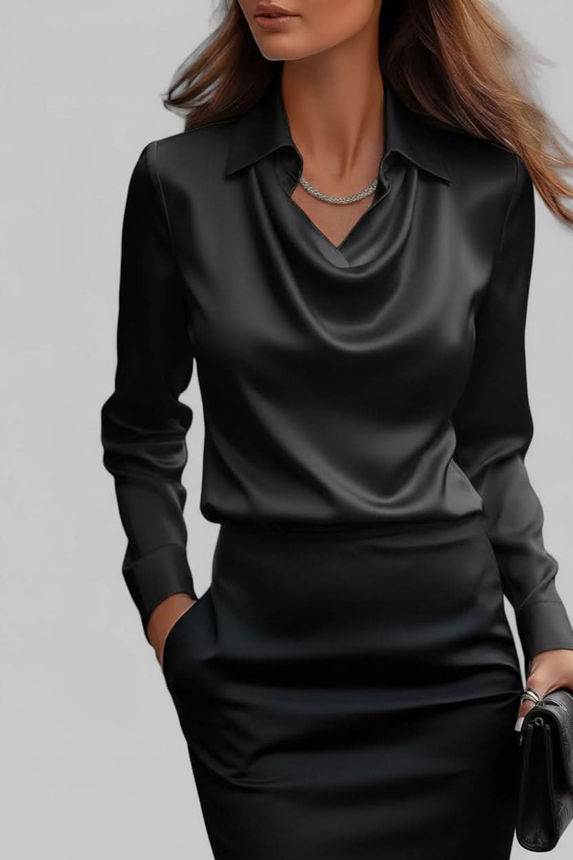 Women's elegant draped long-sleeve blouse, a sophisticated and versatile top for modern fashion.