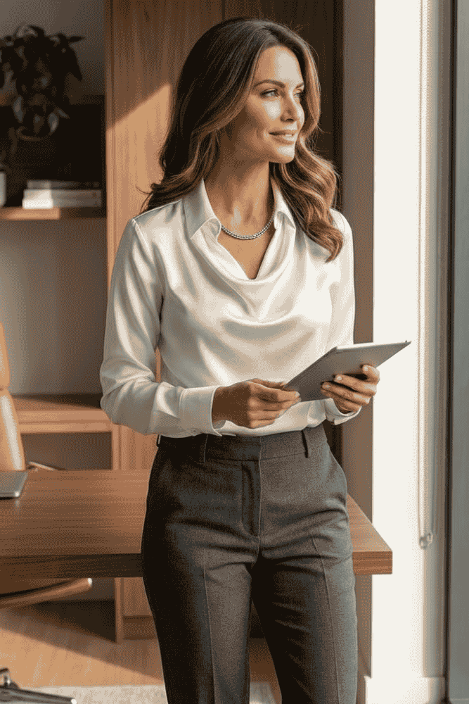 Versatile women's draped long-sleeve top, ideal for a feminine look from office to evening events.