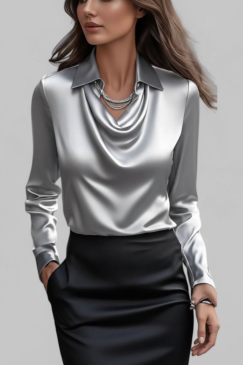 Sophisticated women's long-sleeve blouse featuring elegant draping, a perfect fashion choice.