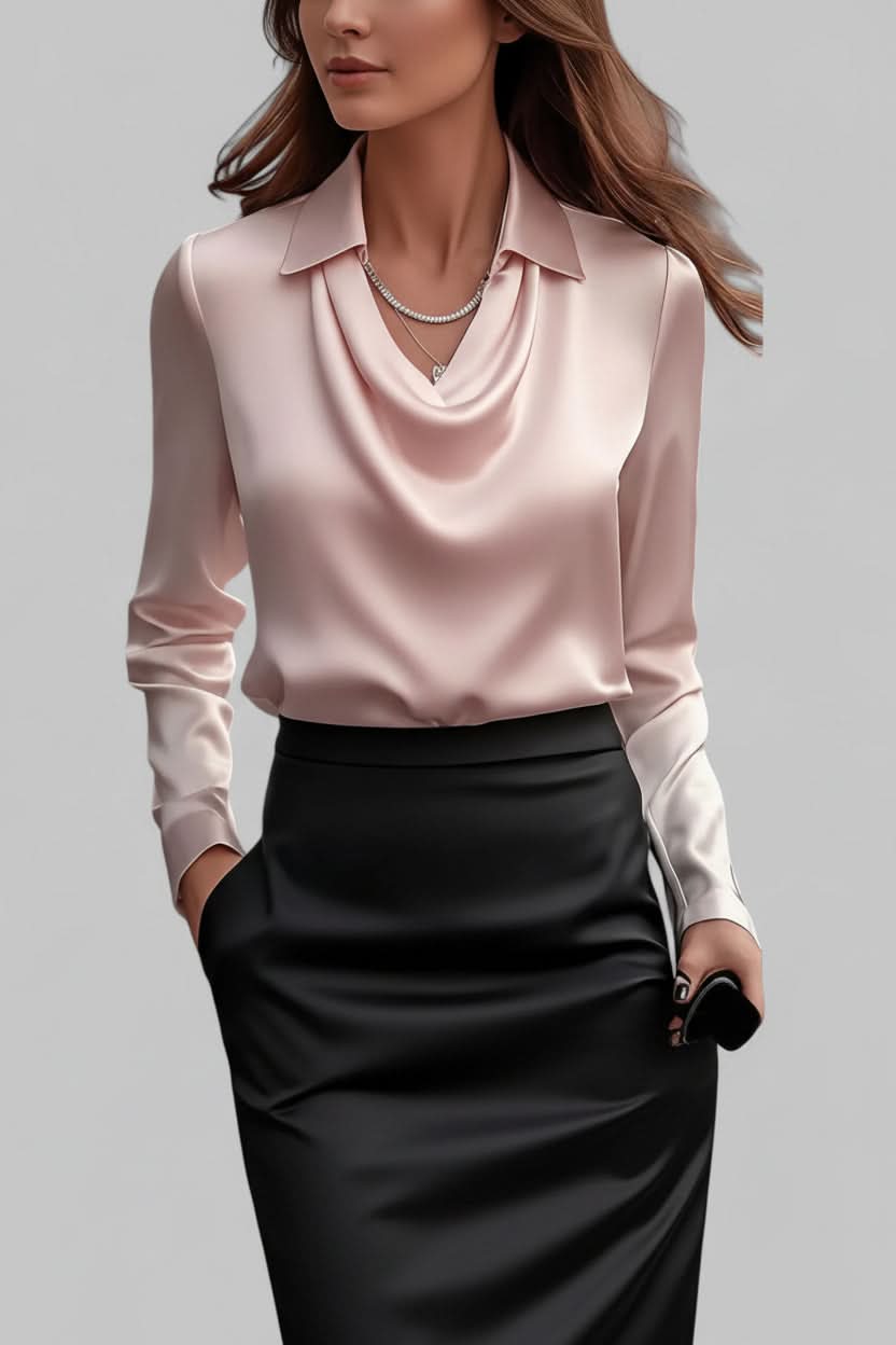 Chic women's elegant draped blouse with long sleeves, great for professional office wear and versatile styling.