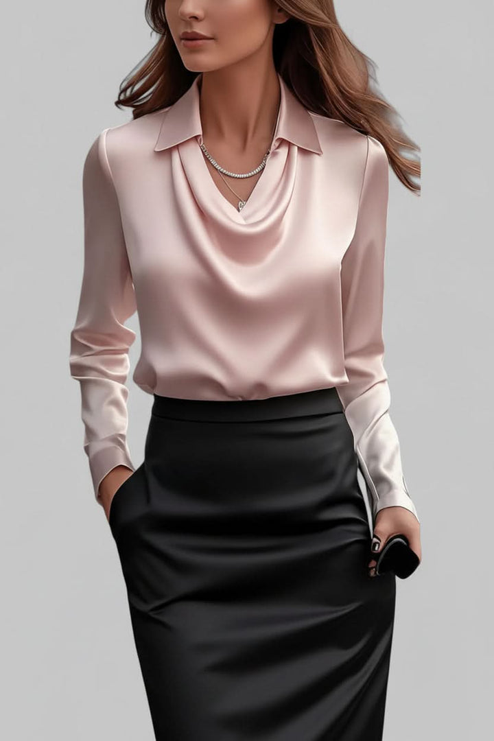 Chic women's elegant draped blouse with long sleeves, great for professional office wear and versatile styling.